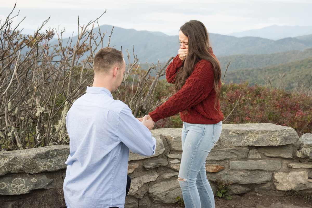 Couple's engagement proposal on mountain top