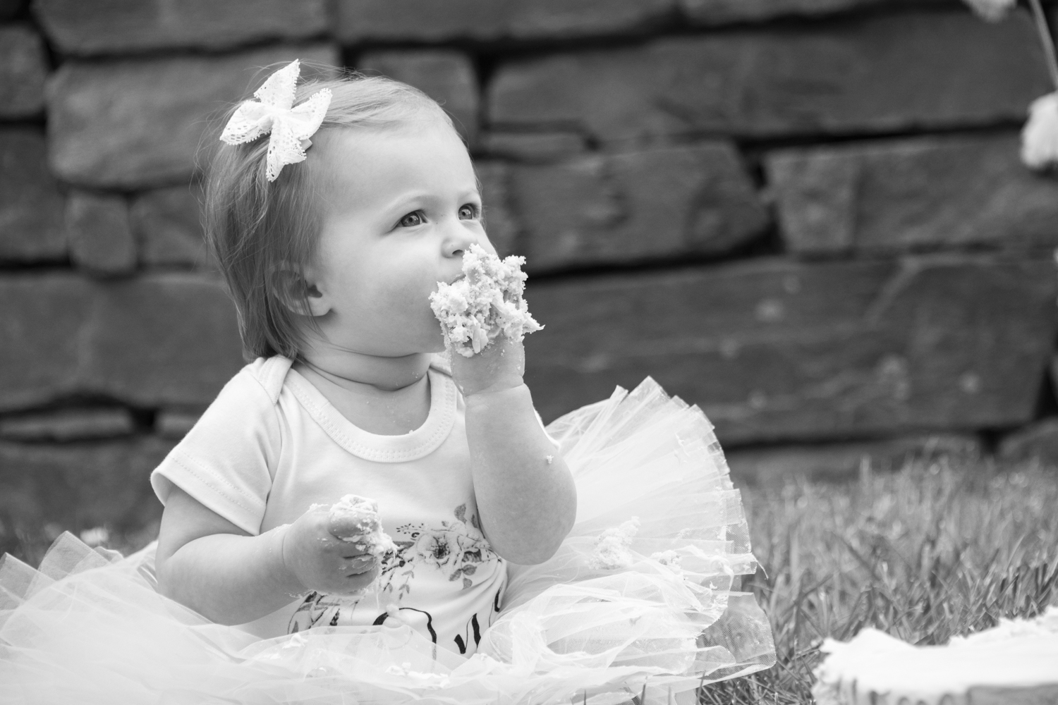 One year old girl eating cake in a tutu