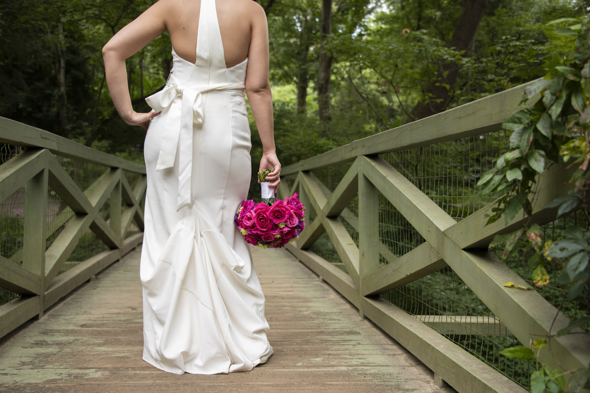 Modern bridal portrait of back of dress at Asheville Botanical Gardens elopement