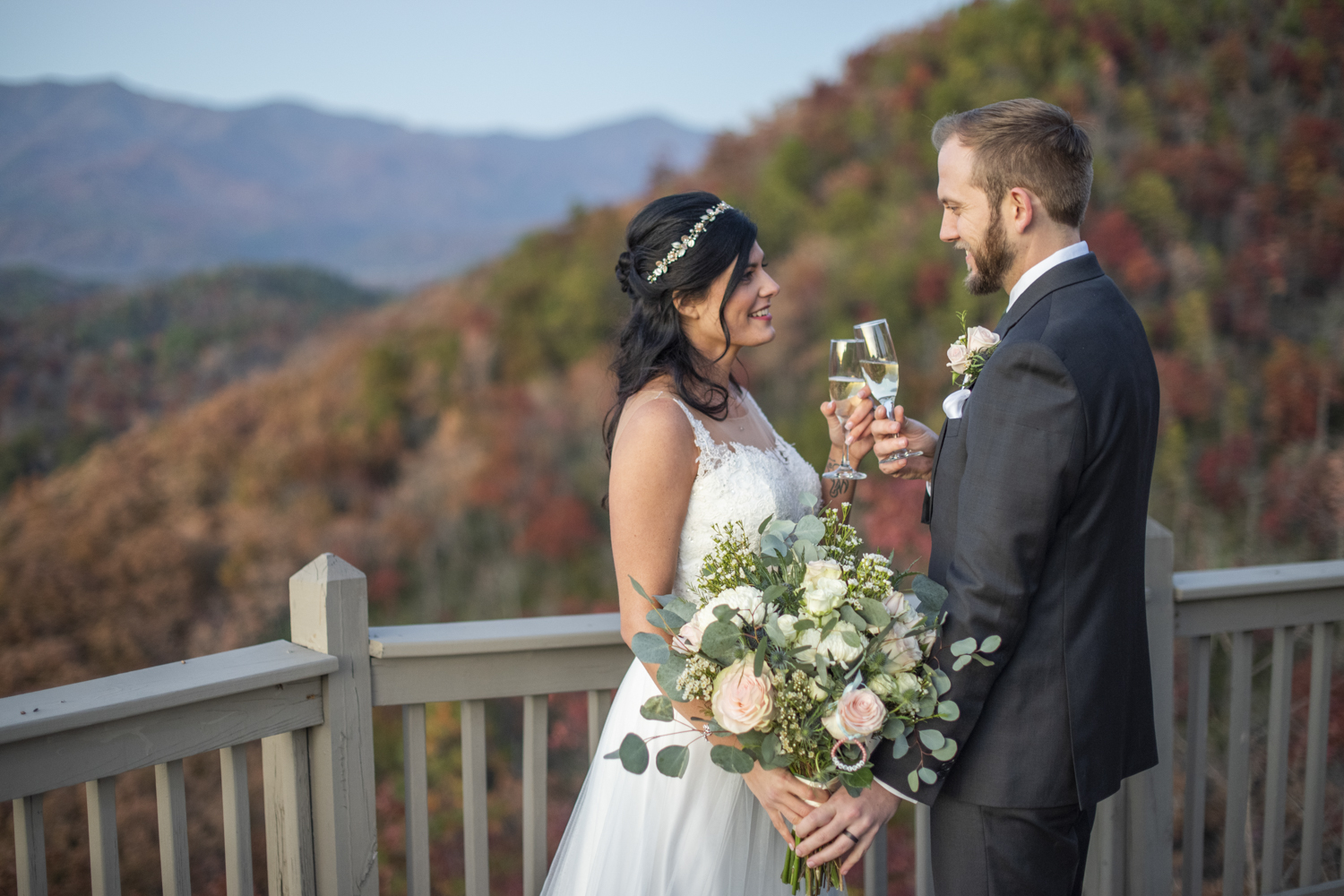 Cheers on mountain top at Hawkesdene Fall Wedding Photography