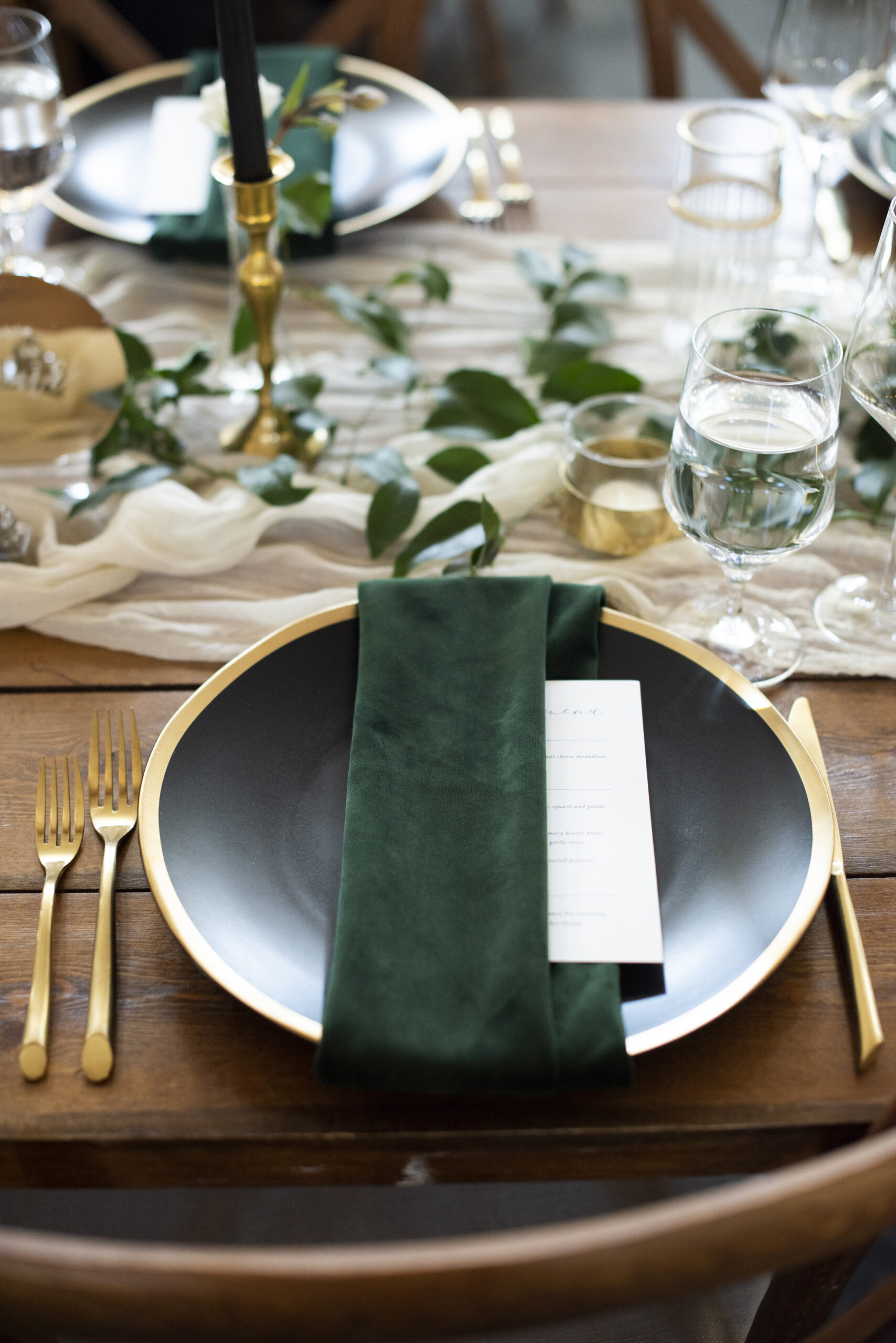 Elegant dark green wedding place setting at Chestnut Ridge Wedding Photography in Asheville, NC