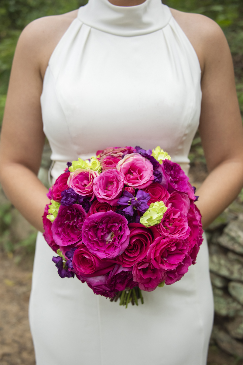 Hot pink and green hops wedding bouquet at Asheville Botanical Gardens elopement