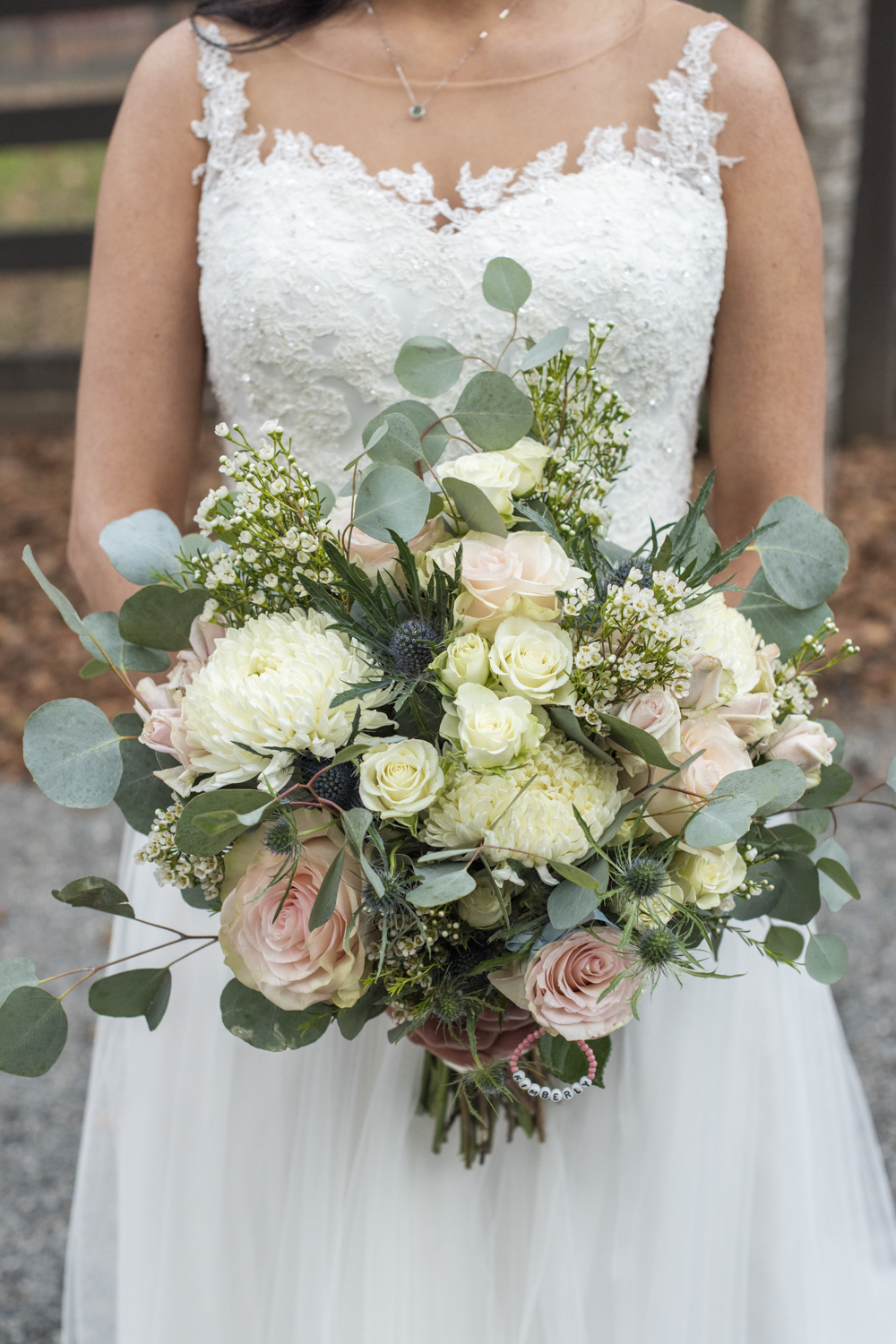 White, pink, green bridal bouquet