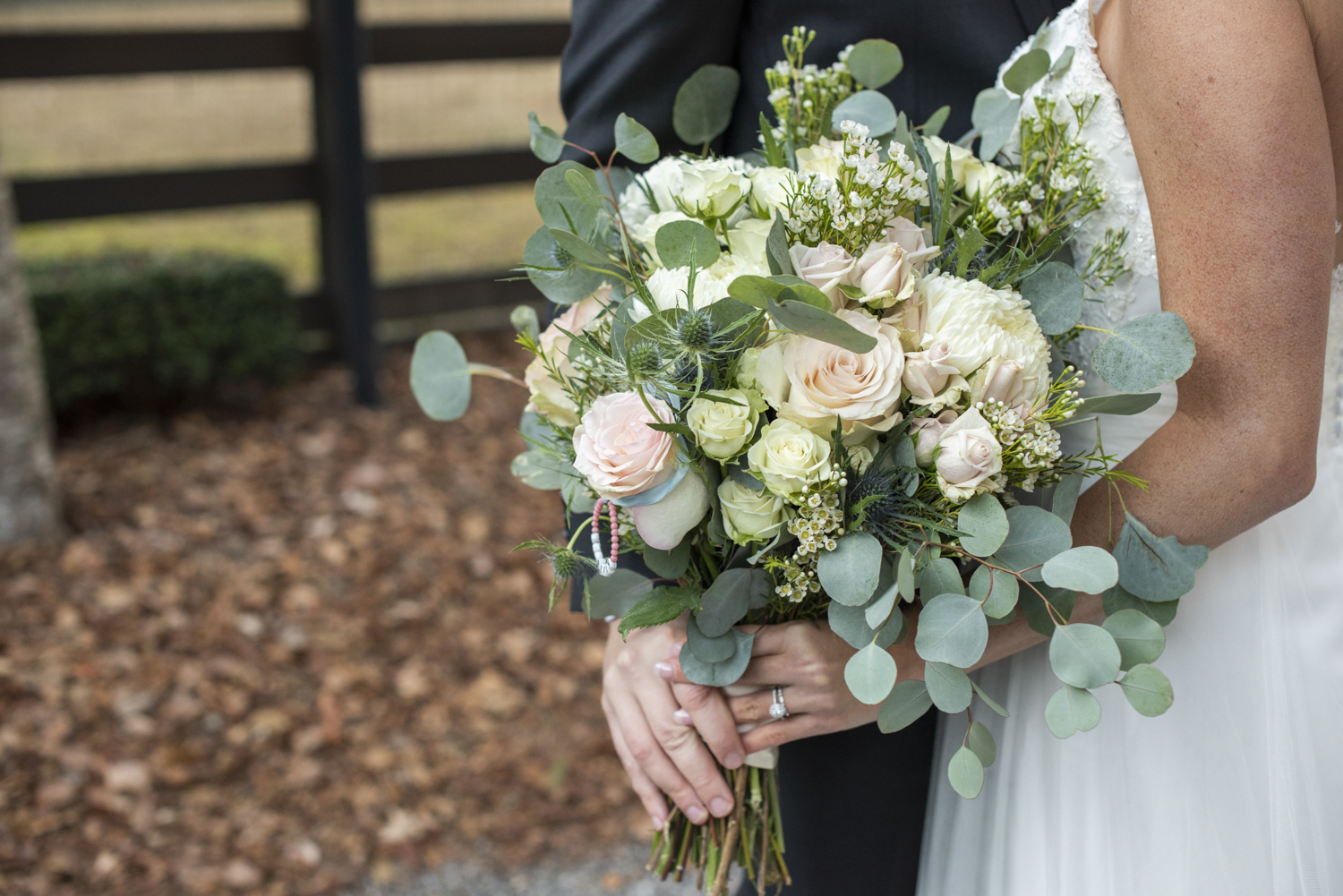 White, pink, green bridal bouquet