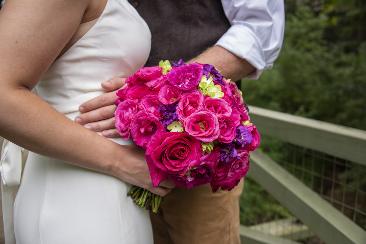 Rose and hops wedding bouquet at Asheville Botanical Gardens elopement