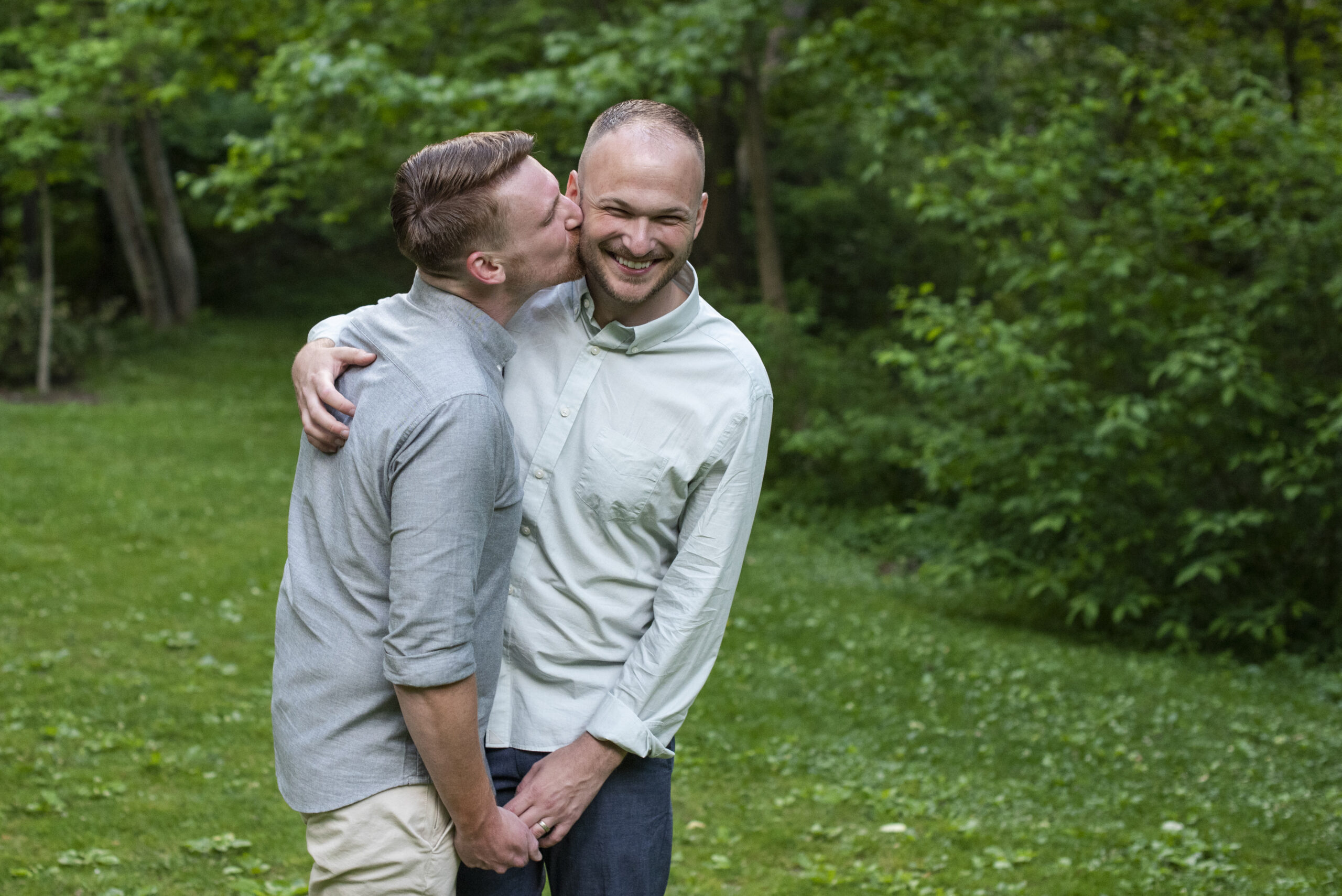 Couple laughing during engagement photos