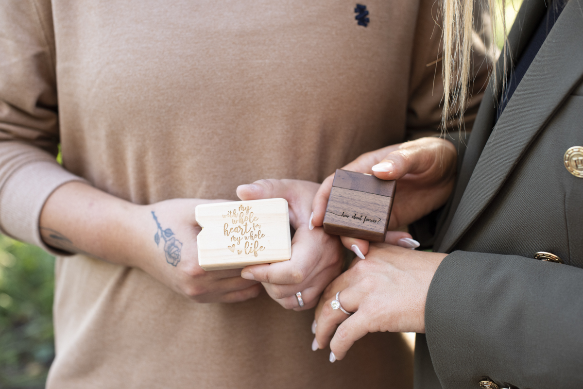 Couple showing ring boxes