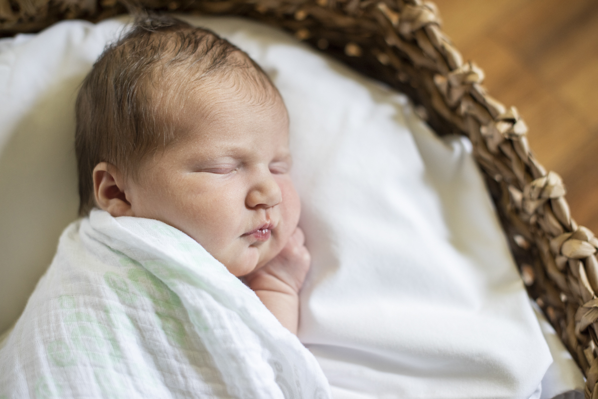 Newborn baby on side in basket with Newborn Photographer in Asheville