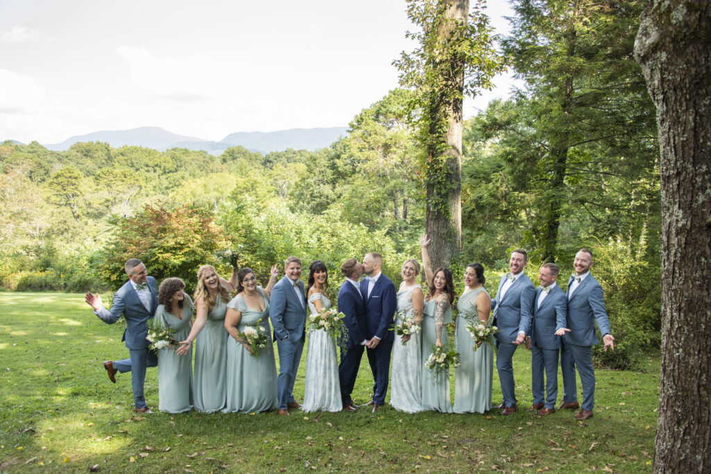 Wedding party at venue with mountain views at Twisty Maple Wedding Photography in Asheville, NC