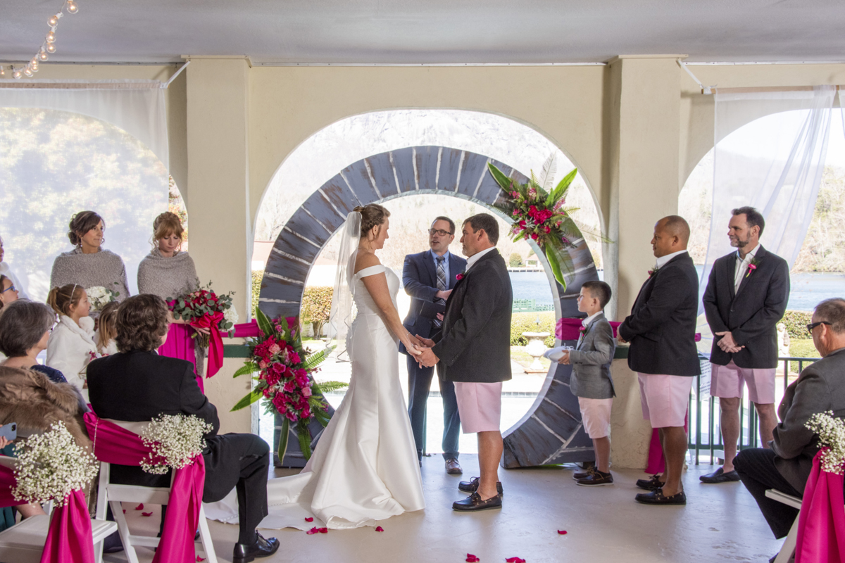 Wedding ceremony outside on veranda at The 1927 Lake Lure Inn Wedding photography