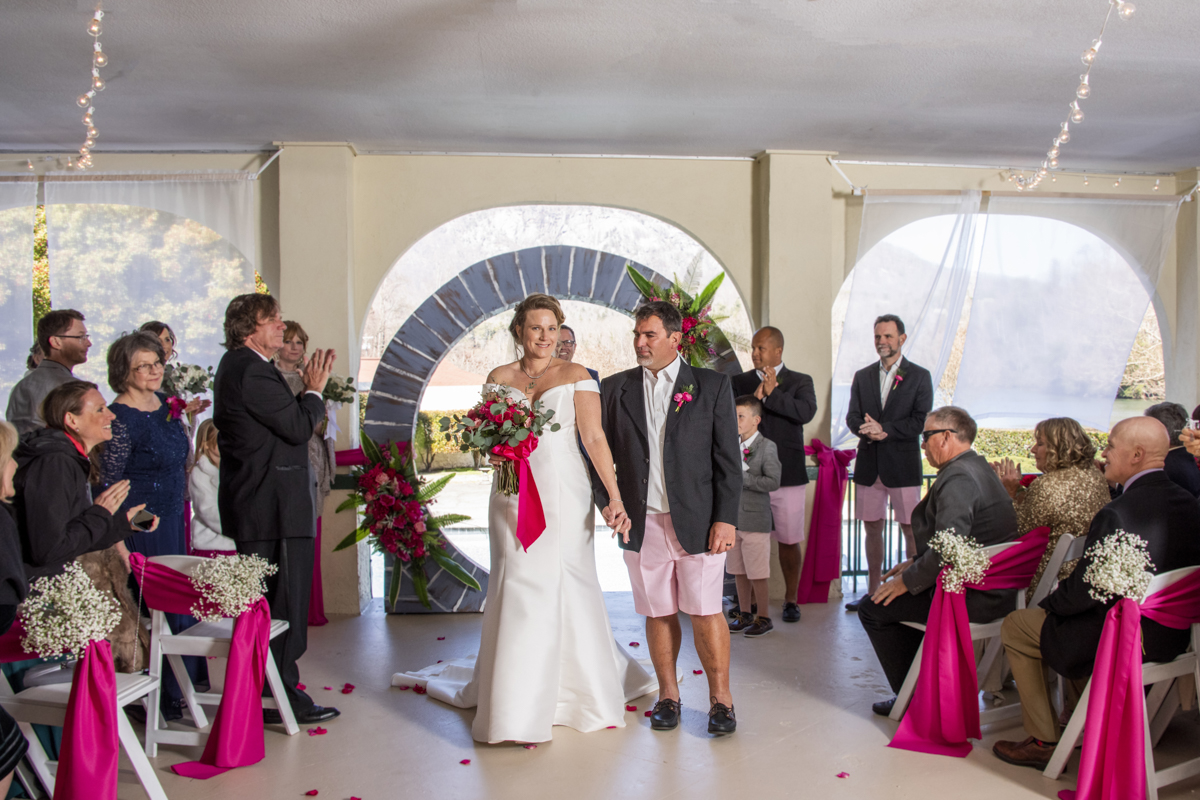 Couple recessing at winter wedding at The 1927 Lake Lure Inn and Spa photography