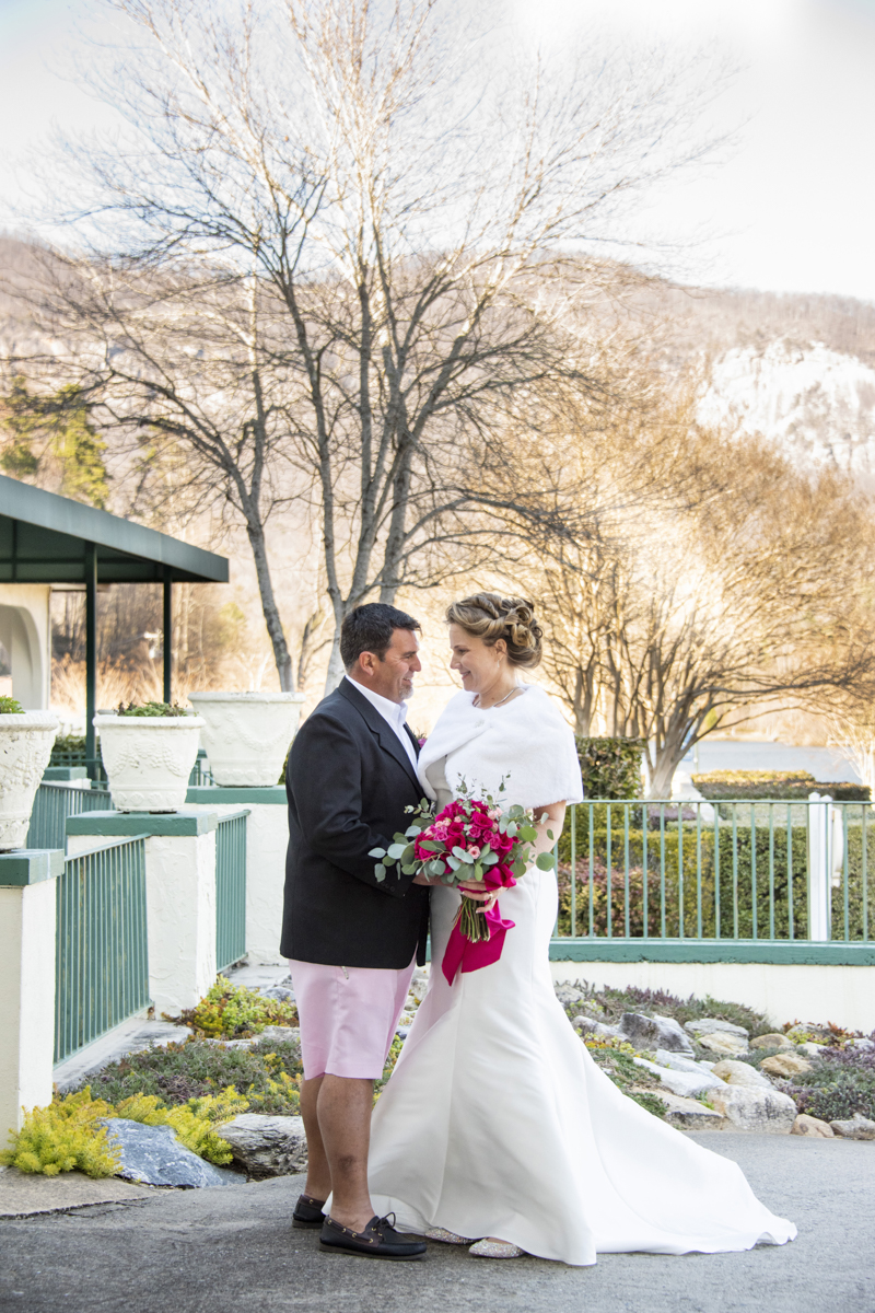 Winter wedding portrait with mountain views at The 1927 Lake Lure Inn and Spa