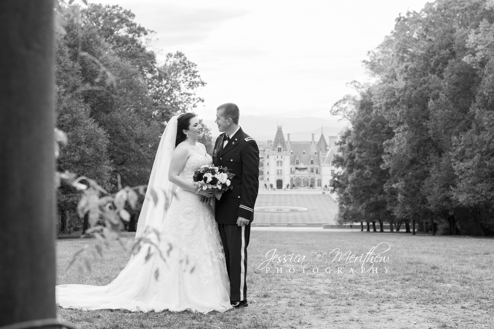 Couple looking at each other on esplanade at Biltmore Estate wedding photography