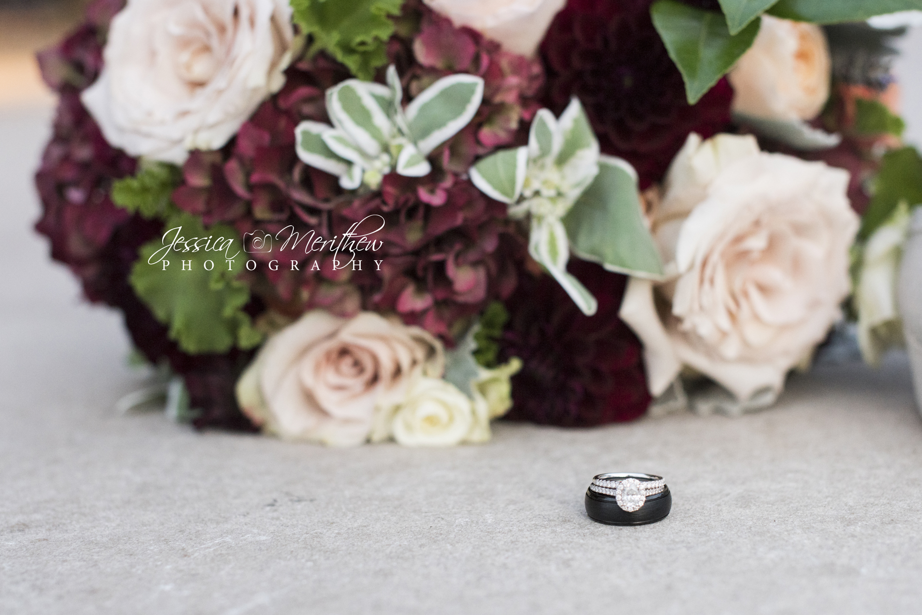 Wedding rings and bouquet