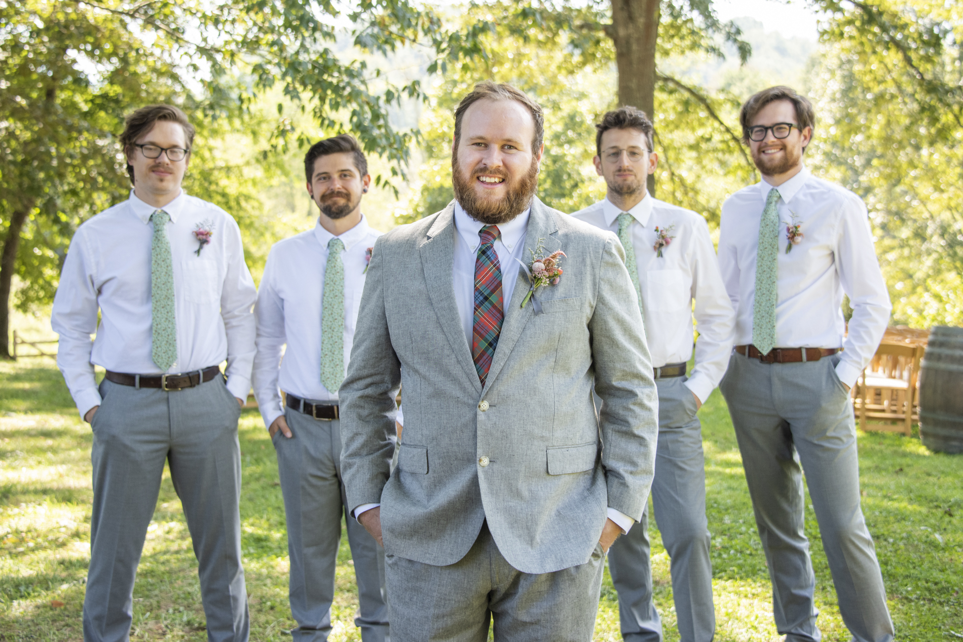 Groom and groomsmen photo at summer wedding at Yesterday Spaces Asheville