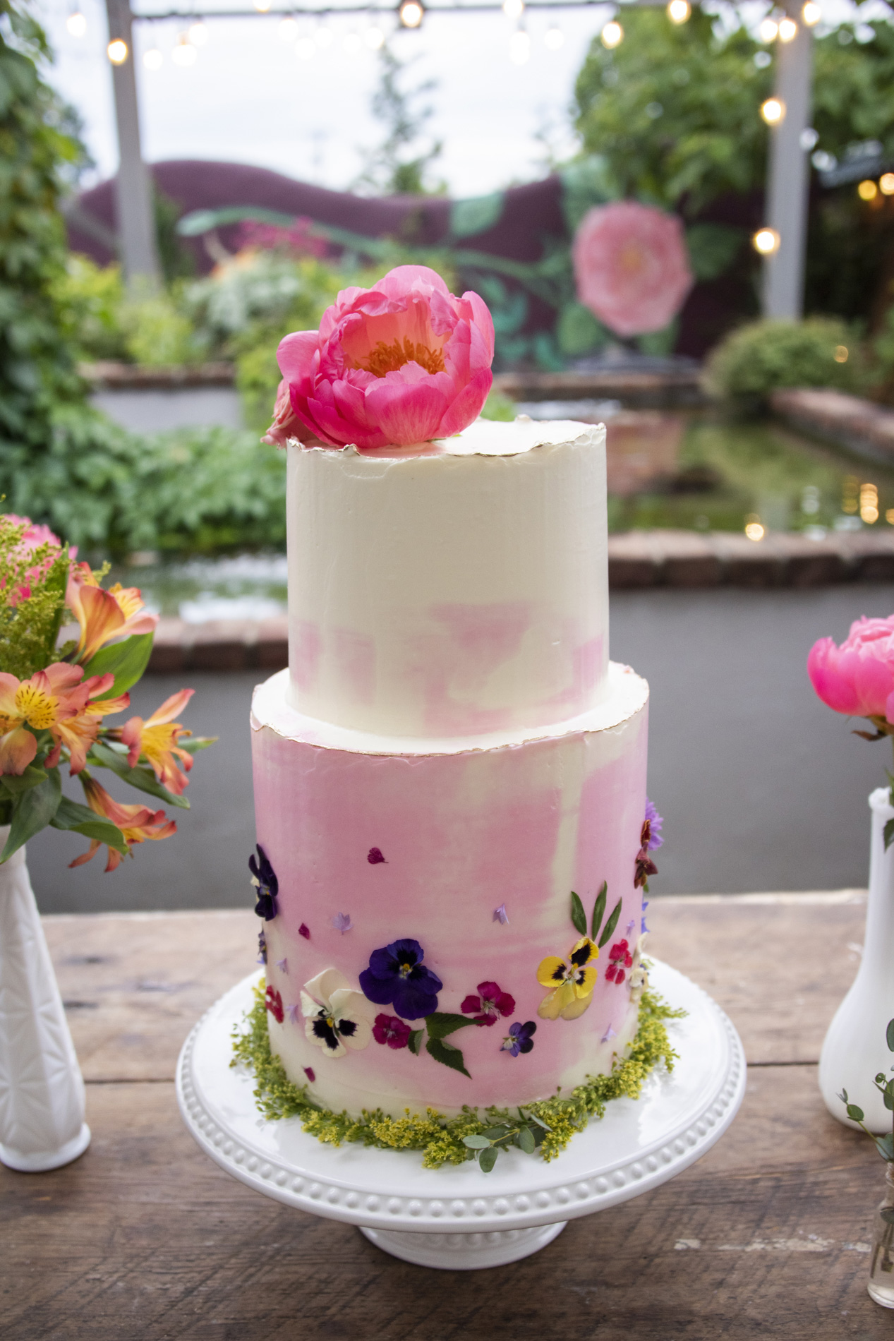 Pink ombre cake at Haiku wedding in Asheville