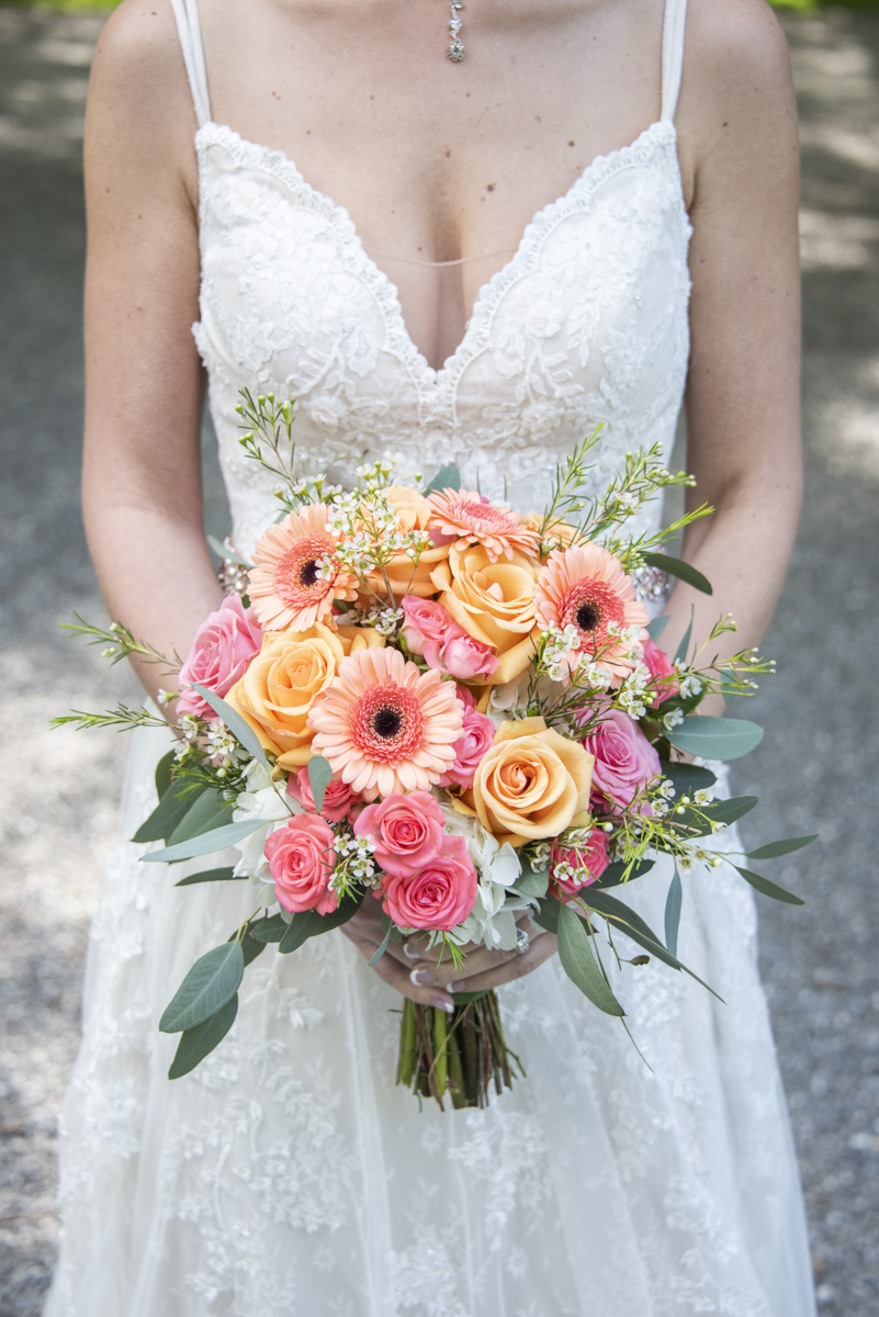 Bride holding bouquet at Hawkesdene Wedding