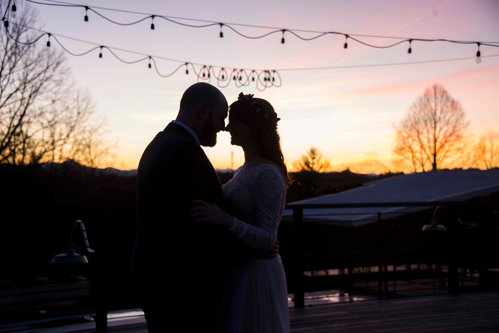 Couples photo at sunset at Highland Brewery Wedding