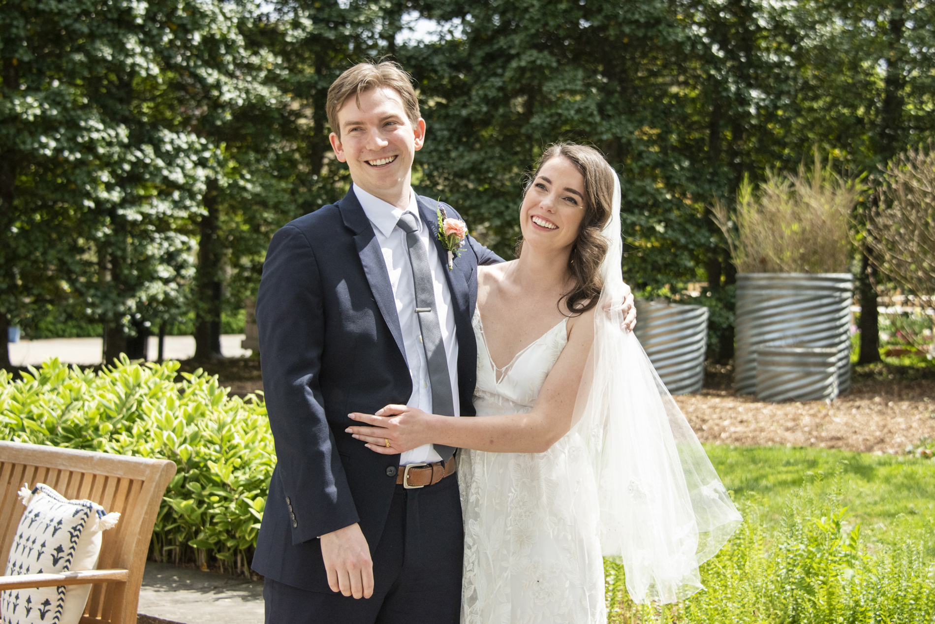 Couple smiling at wedding
