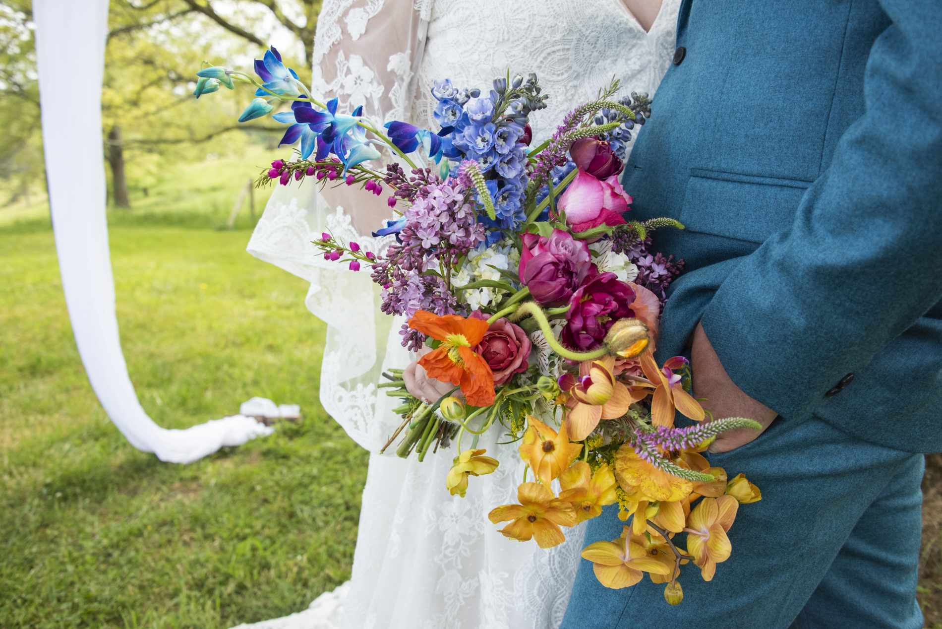 Sunset wedding bouquet at Emerald Ridge Farm