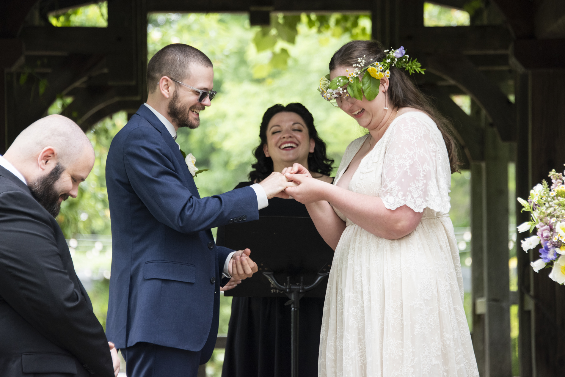 Ring ceremony during north carolina arboretum wedding