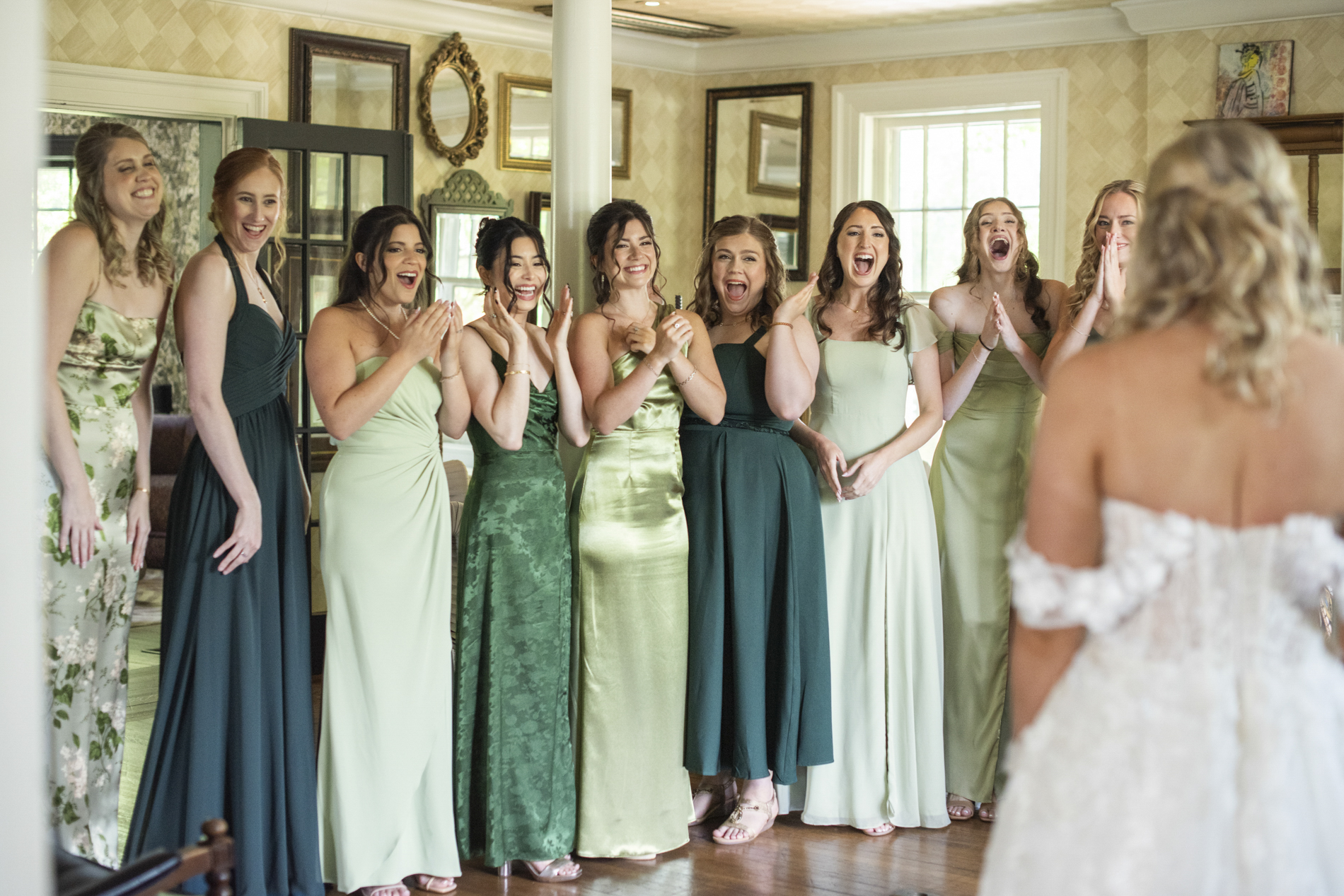 Bride first look with bridesmaids