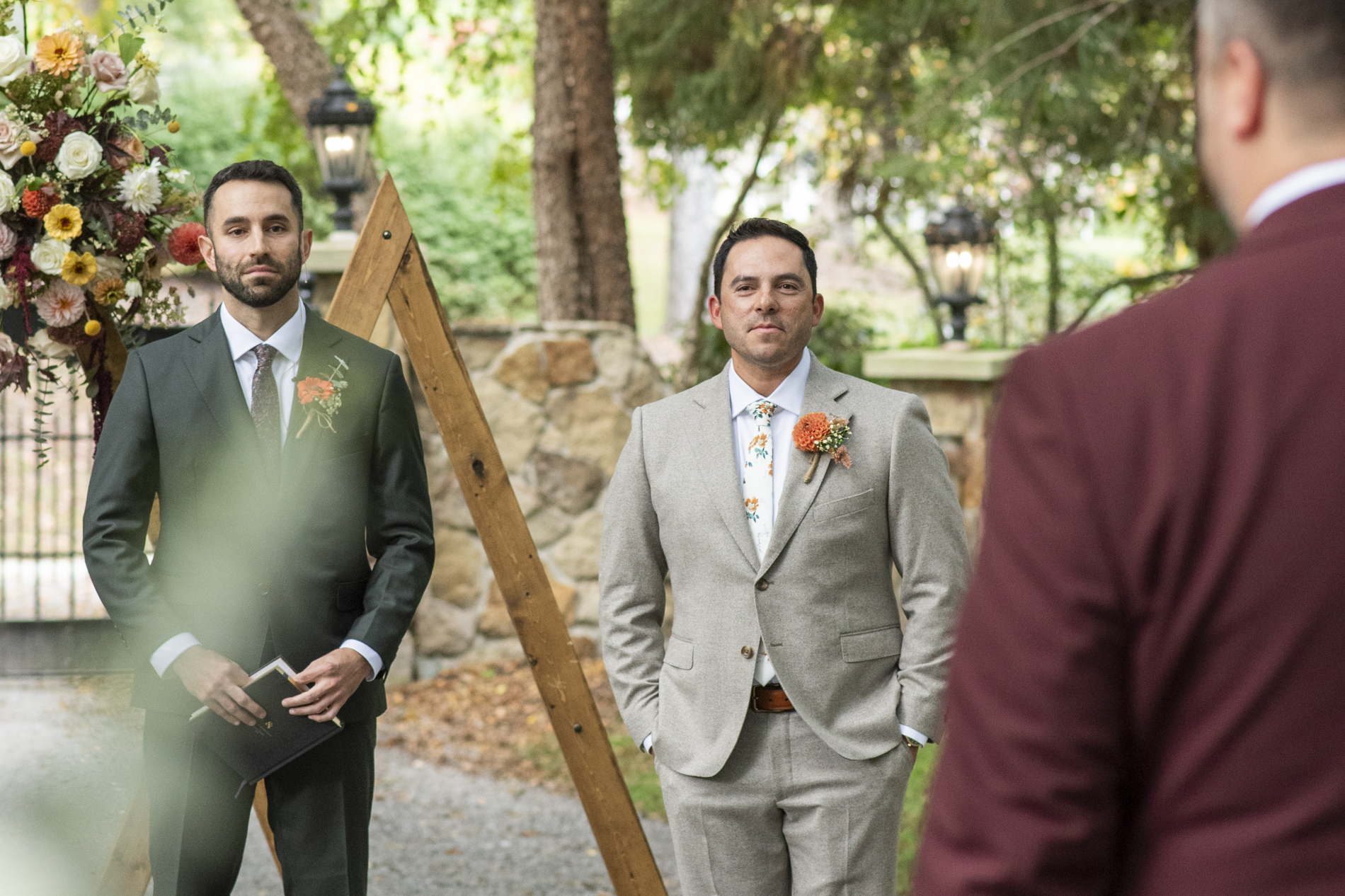 Groom waiting for groom at aisle at queer wedding at Hawkesdene Estate