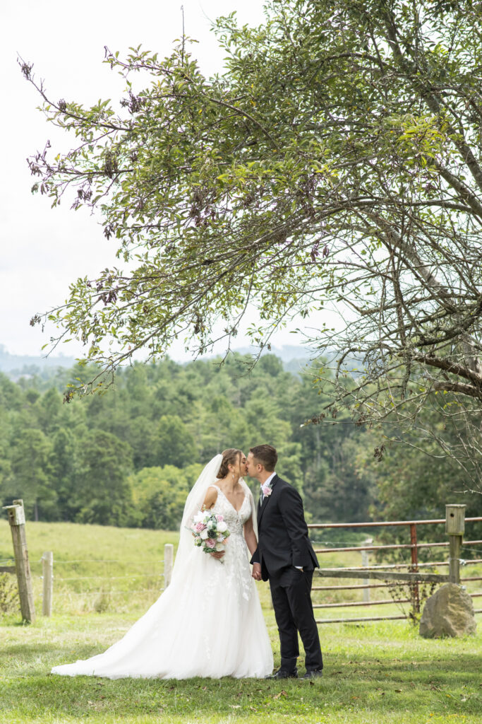 Emerald Ridge Wedding with couple kissing in front of mountain view