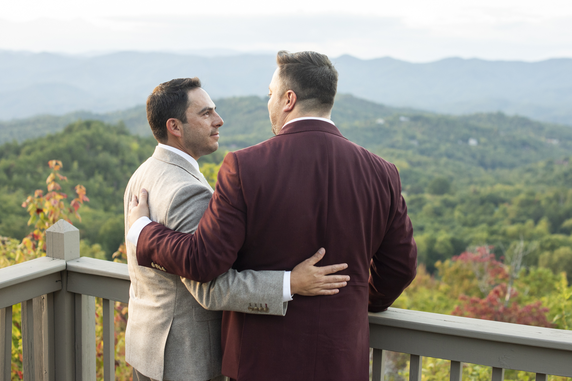 Couple portrait at mountain top lgbtq wedding at Hawkesdene Estate