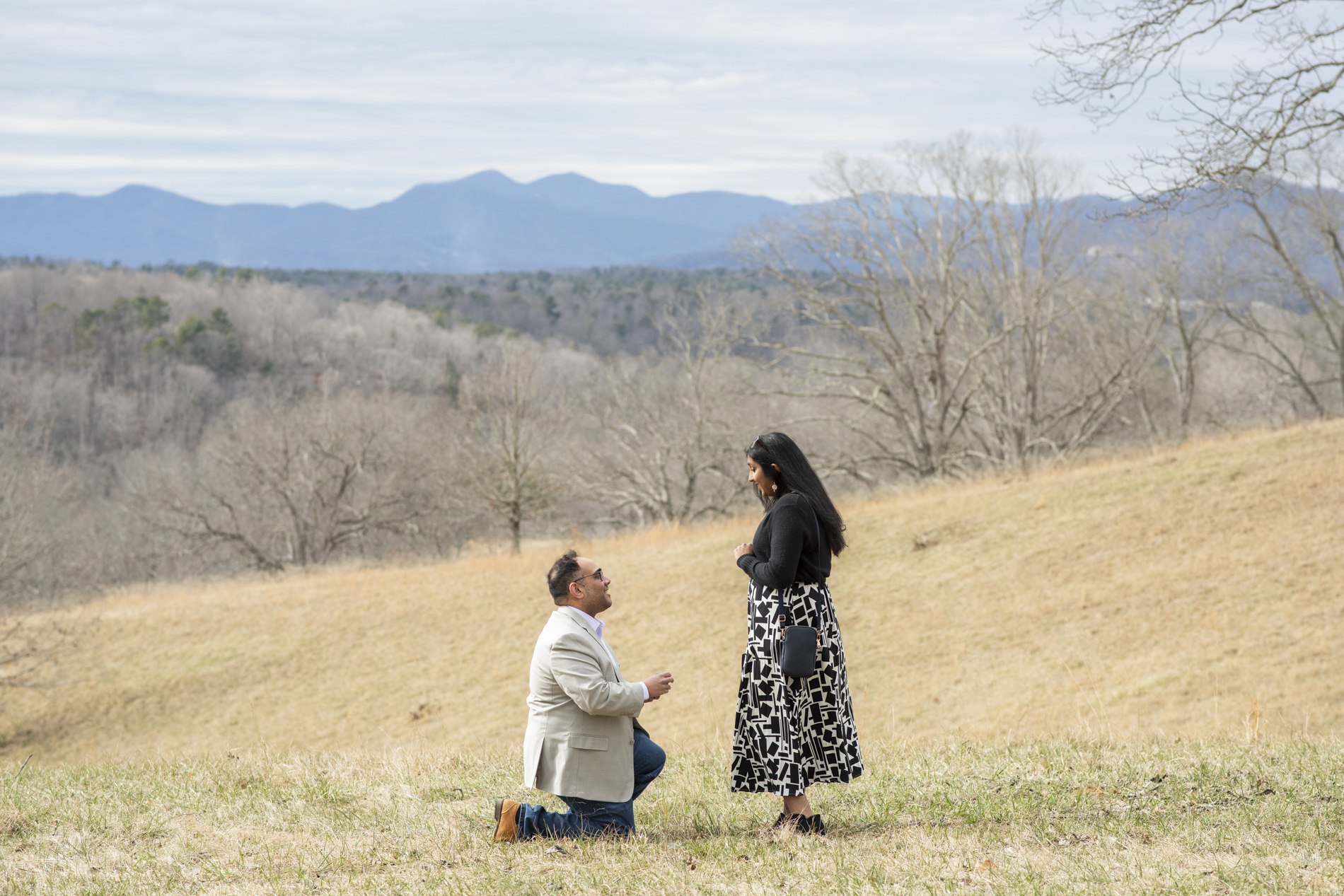 Biltmore Estate engagement proposal in field with mountains