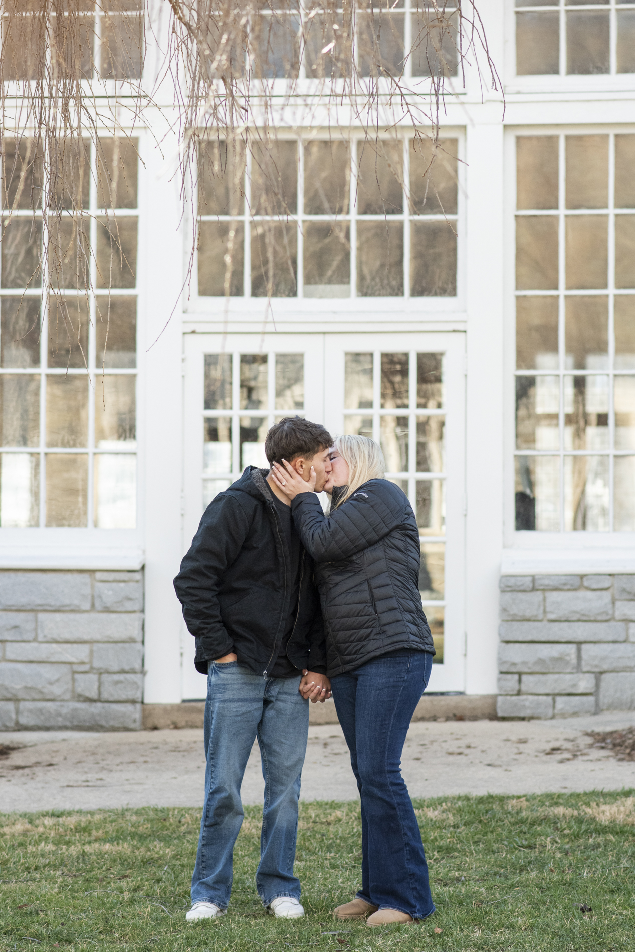 Engagement, couple kissing at Lake Junaluska near Asheville NC