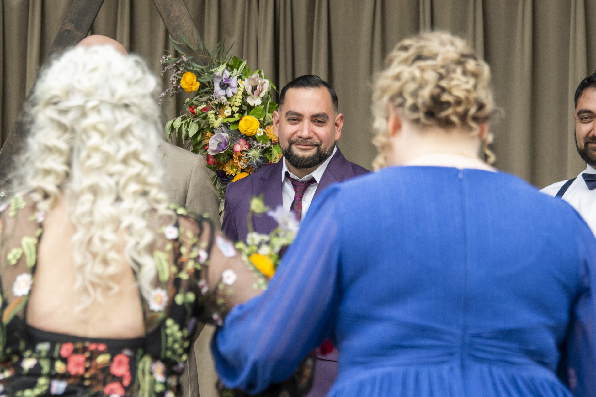 Groom sees bride in aisle at Haiku Asheville