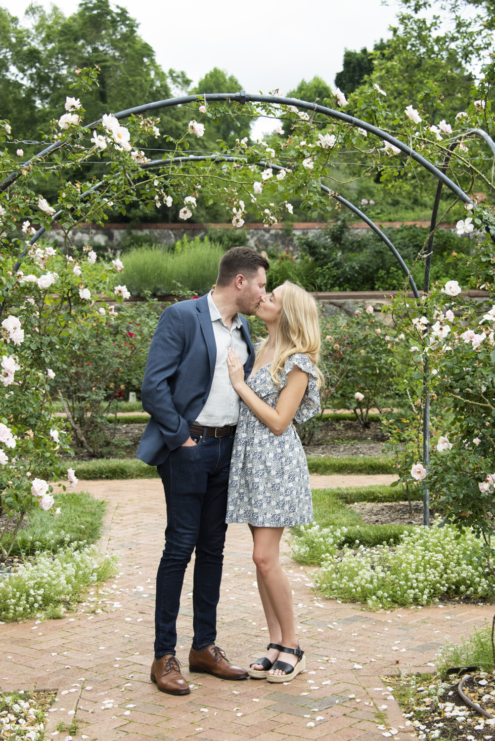 Couple kissing under rose arch