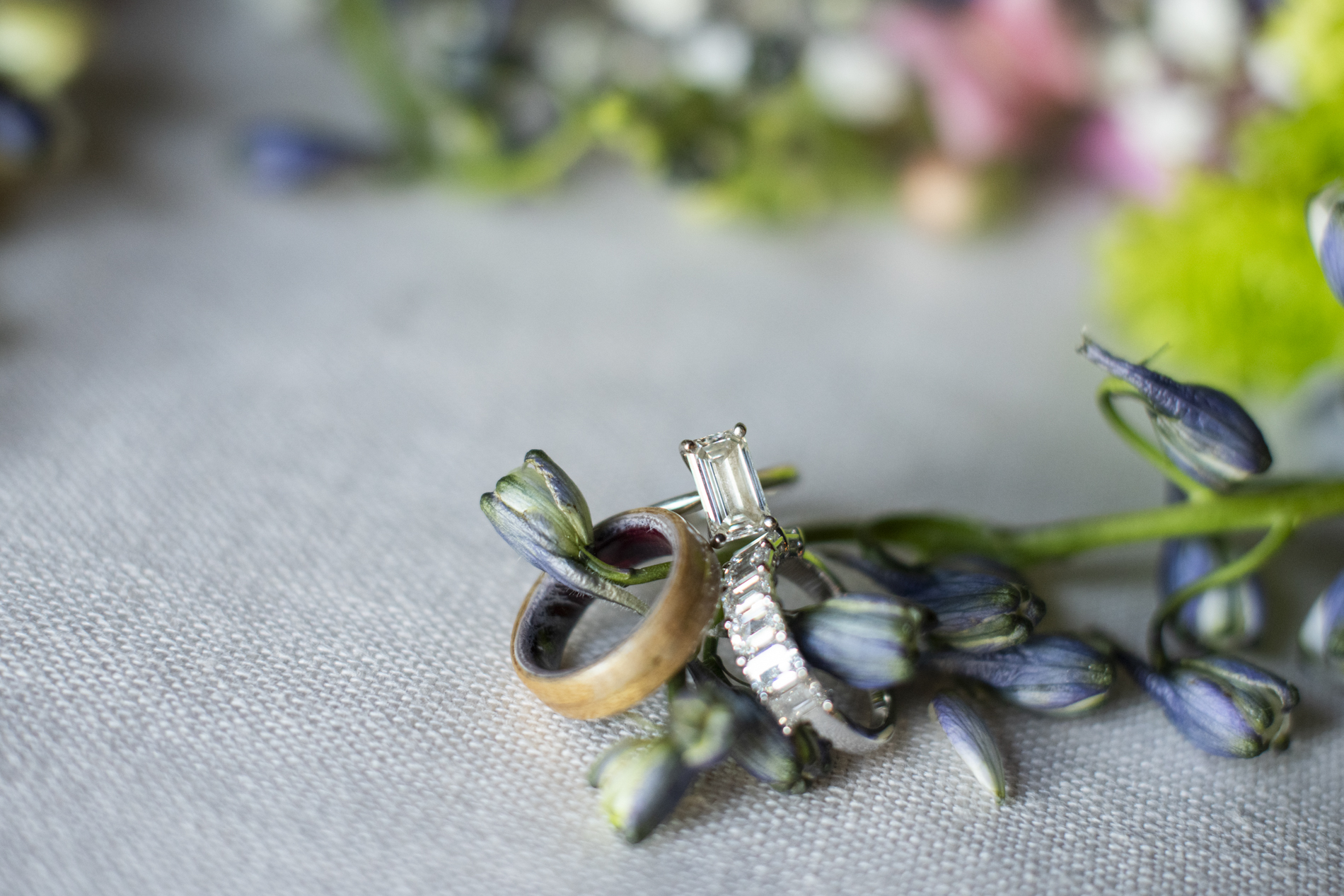 Wedding rings and bouquet